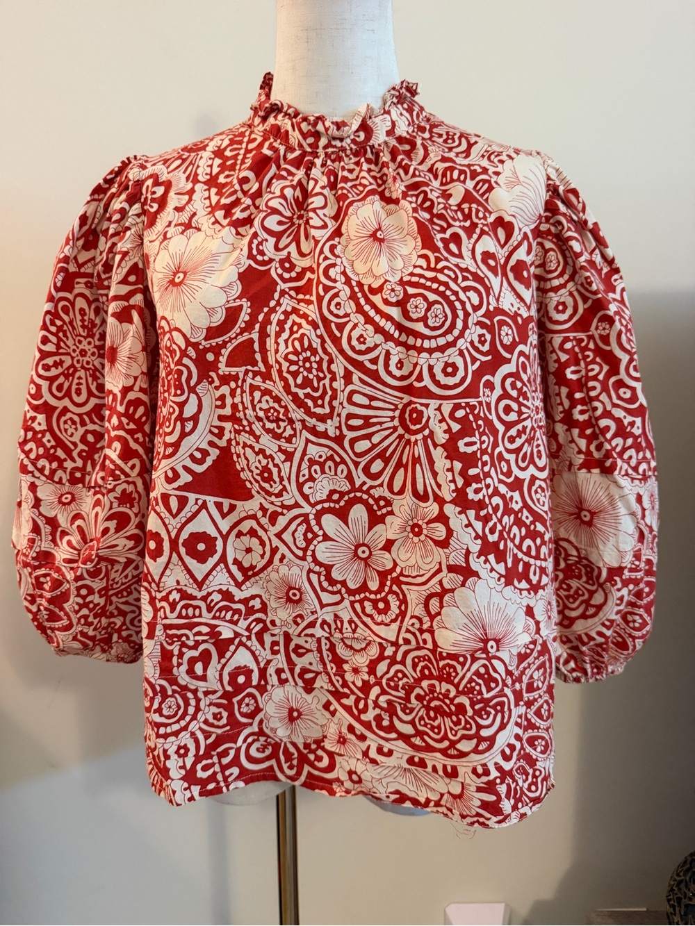 Pinch Red-Orange/Rust & Cream Floral Puff-Sleeve Top Sz XL